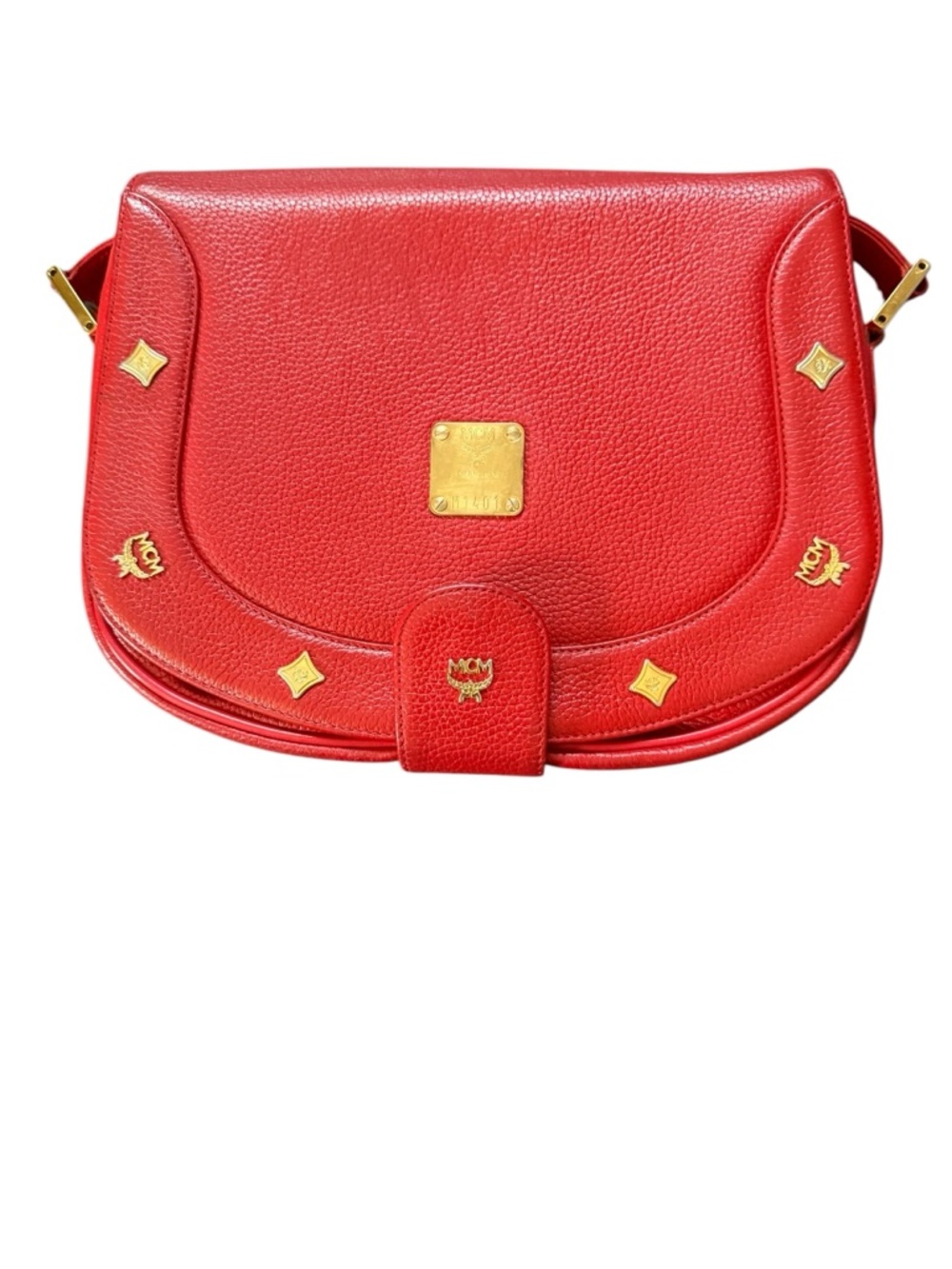 MCM Red Pebbled Leather Saddle Crossbody with Gold Accents